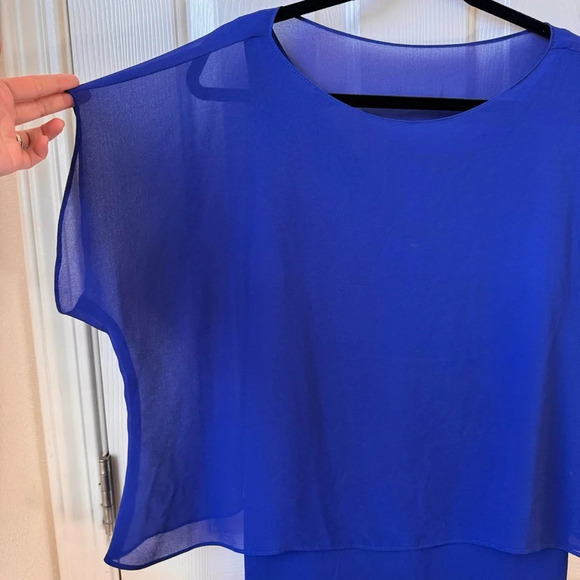 Ralph Lauren Black Label Chiffon Cape-Overlay mesh Jersey Dress sz 12 Large blue - Picture 14 of 15